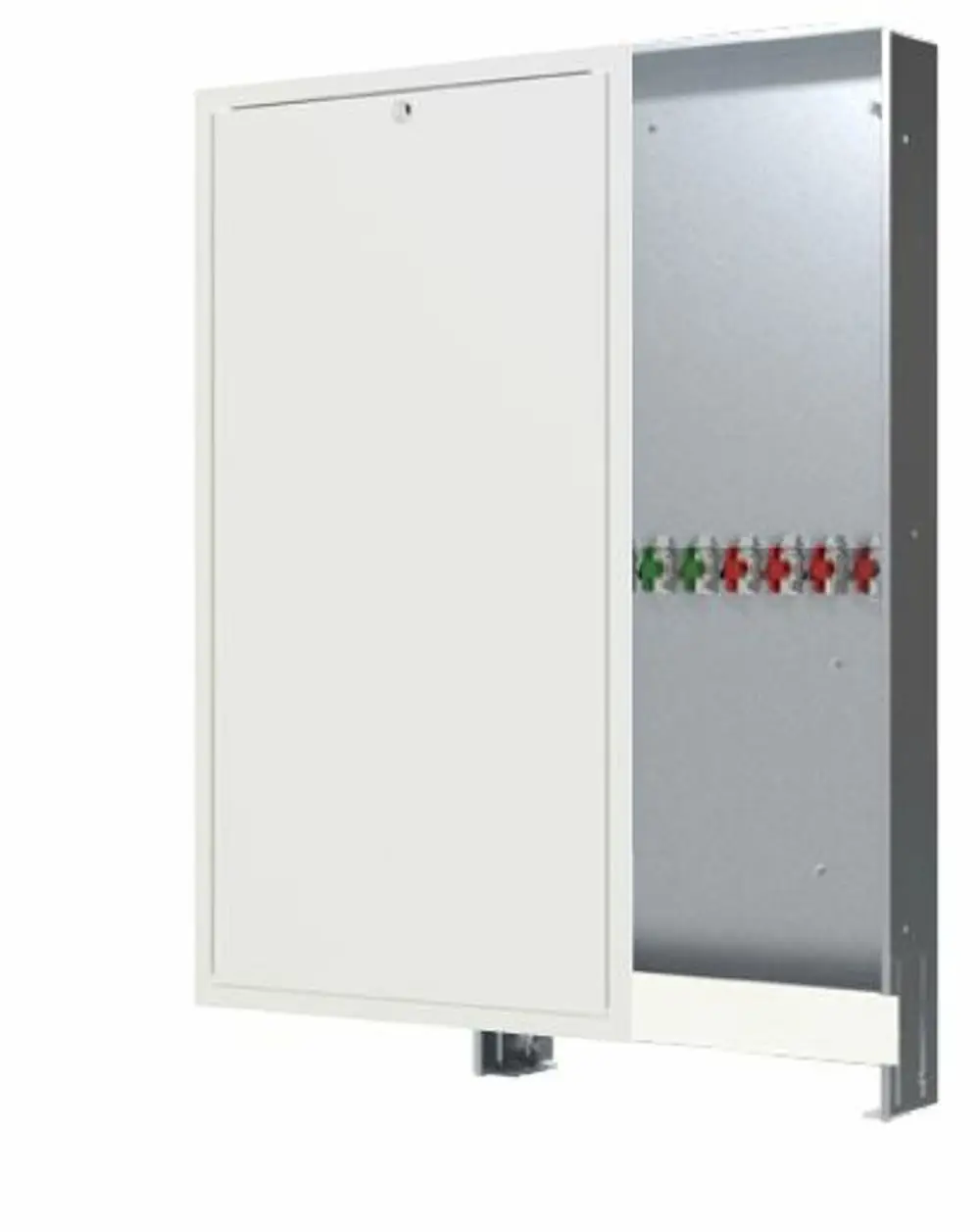 Tür mit Rahmen für einen Verteilerschrank, offen präsentiert, zeigt innenliegende Anschlüsse. Das Produkt stammt von Danfoss und ist zur Installation in technischen Umgebungen gedacht.